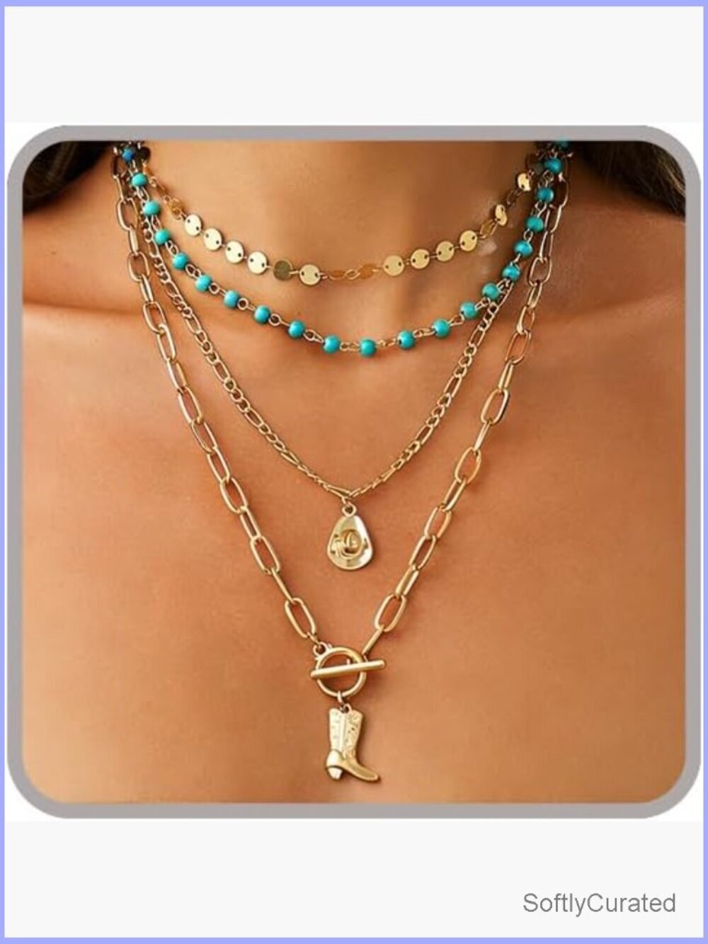 Layered Boho Western Turquoise Pendant Necklace Stack Cowgirl Hat Boots